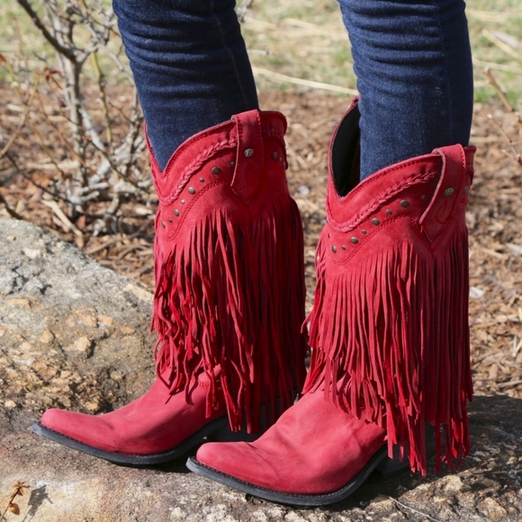 LIBERTY BLACK LB71124 Vegas Tiered Fringe  Rojo Red snip toe cowgirl boo… - Picture 3 of 16